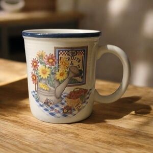 Vintage Floral Stoneware Coffee Mug - 1980s Garden Cup